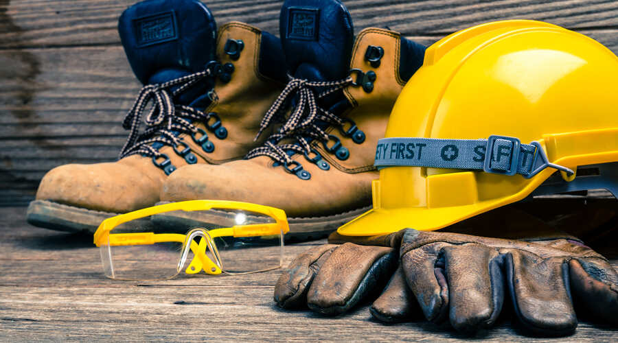 OH and S gear pictured - work boots, hard hat, safety goggle and gloves