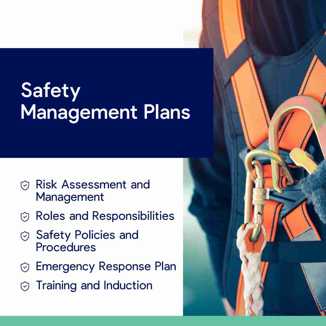 Social media tile outlining the importance of Safety Management Plans for construction sites.